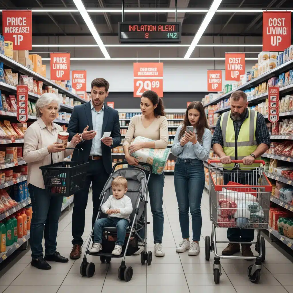 Consumers discussing rising prices in supermarket due to inflation