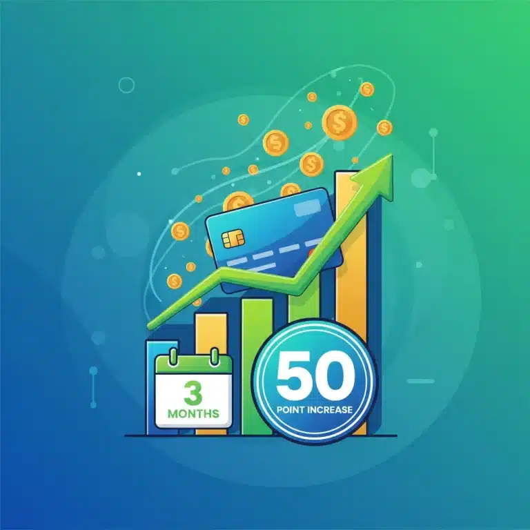 Graphic showing rapid credit score increase over three months with a 50-point boost.