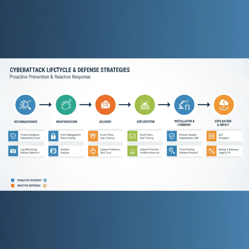 Infographic detailing the stages of a cyberattack and corresponding defense strategies.
