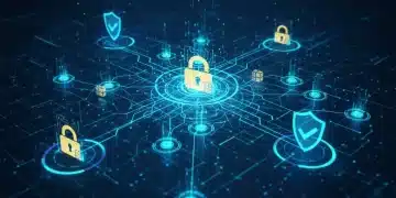 Futuristic digital network with cybersecurity icons, representing essential curriculum updates.