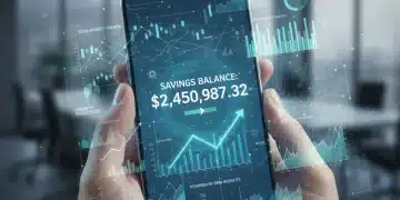 Hands holding a smartphone showing increased savings with economic data overlay