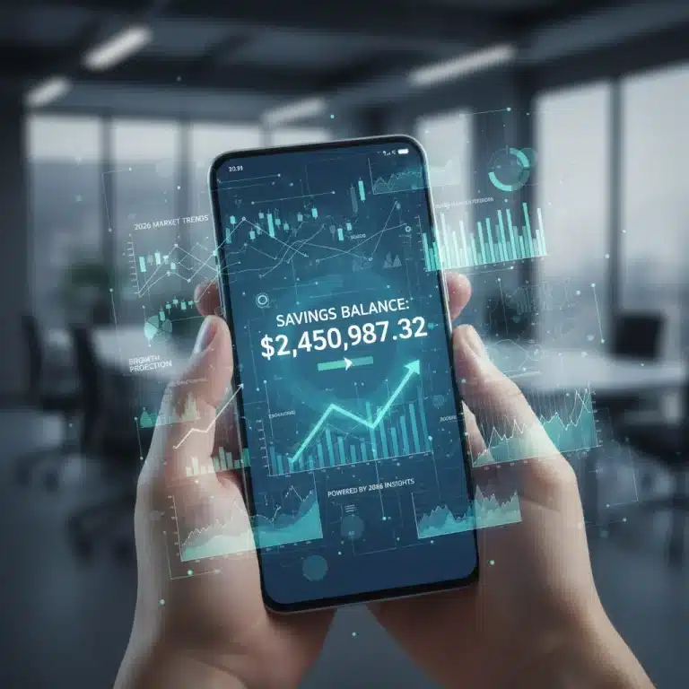 Hands holding a smartphone showing increased savings with economic data overlay