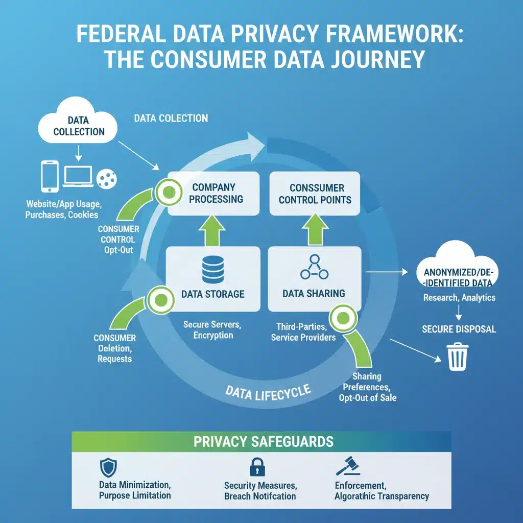 Flowchart depicting data lifecycle with consumer privacy controls and new federal regulations.