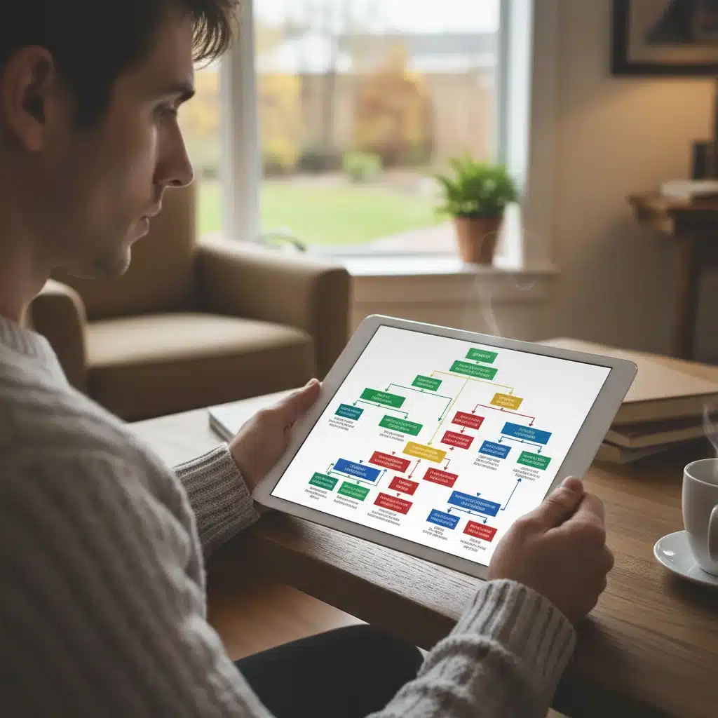 Individual using a decision tree on a tablet for personal choices