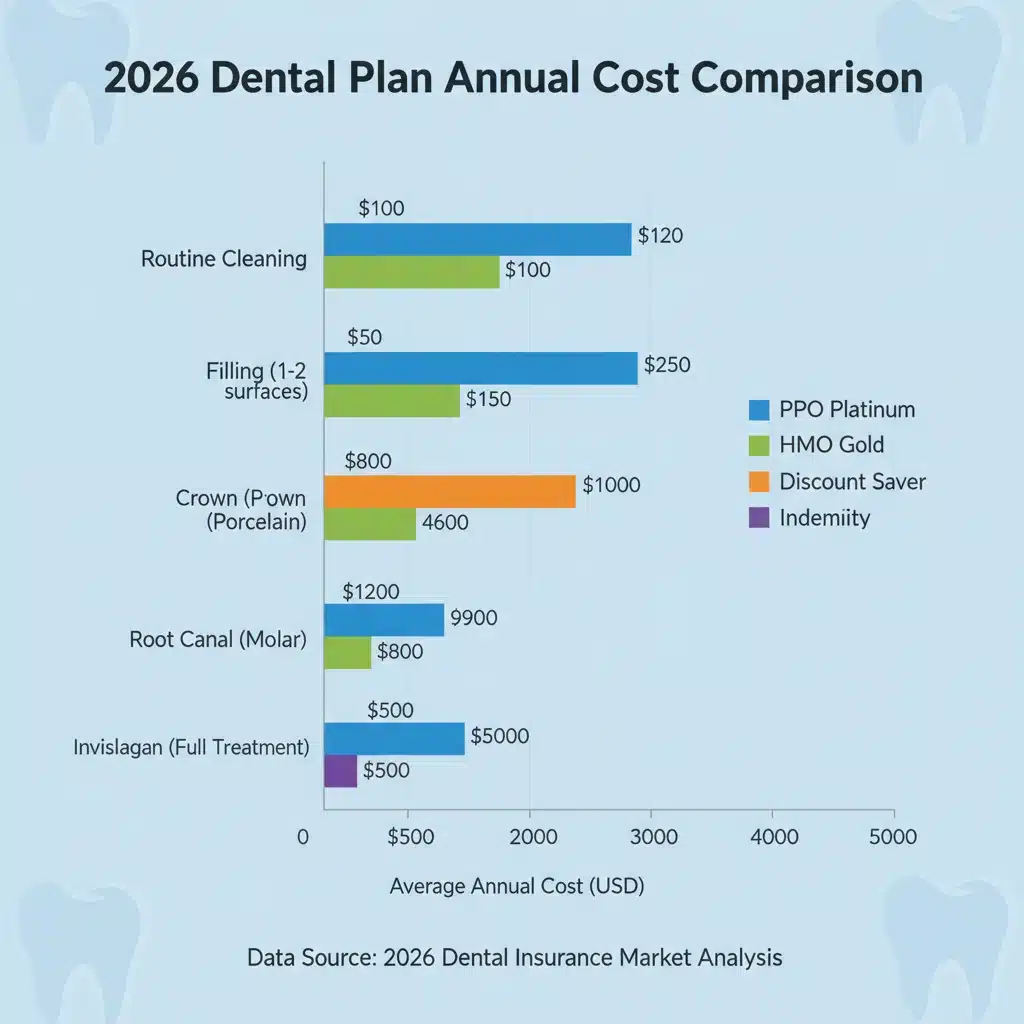 Infographic showing average annual costs of dental procedures across different 2026 plans.