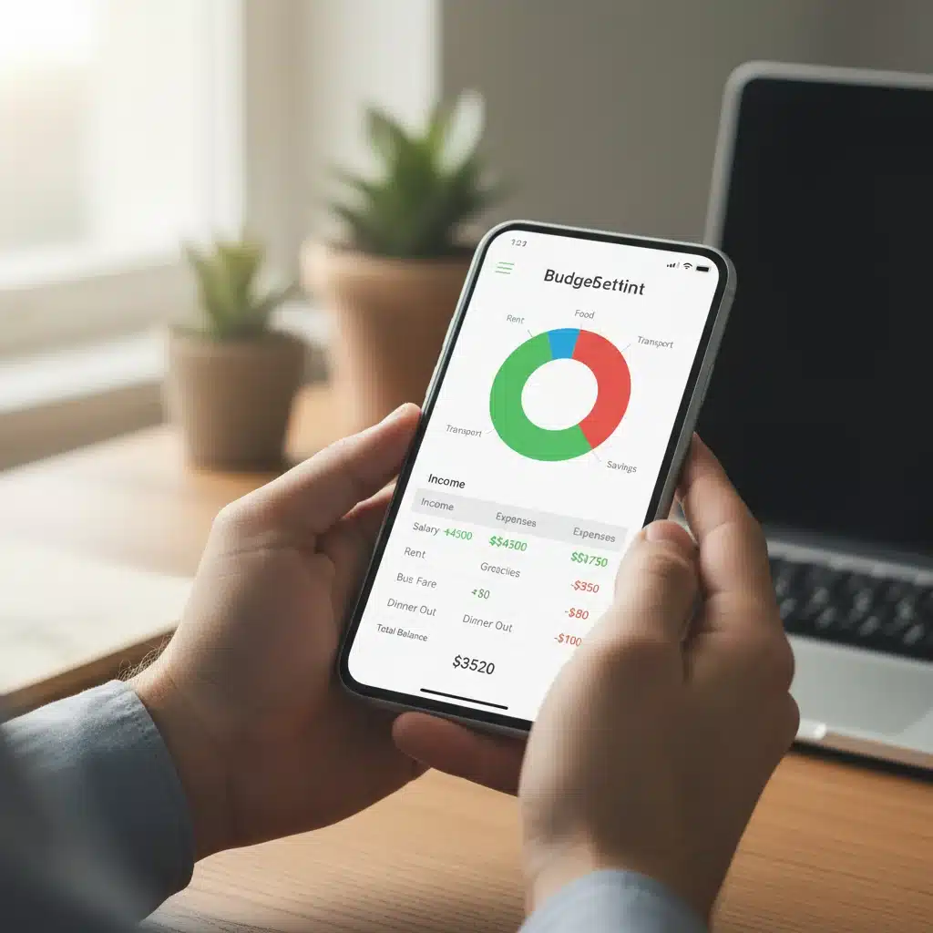 Person tracking expenses on a budgeting app on a smartphone