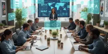 Teachers learning digital pedagogy skills in a futuristic classroom setting