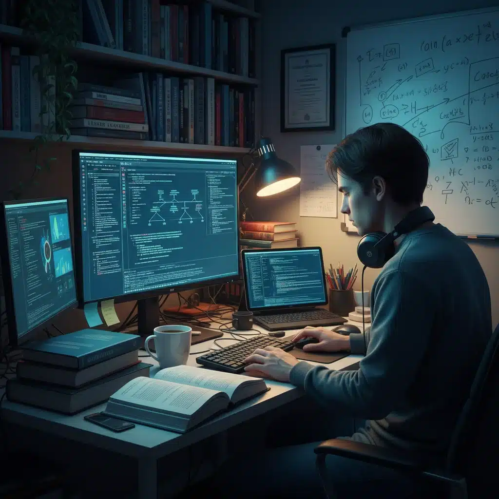 Individual engaged in self-directed digital skill acquisition at a home office
