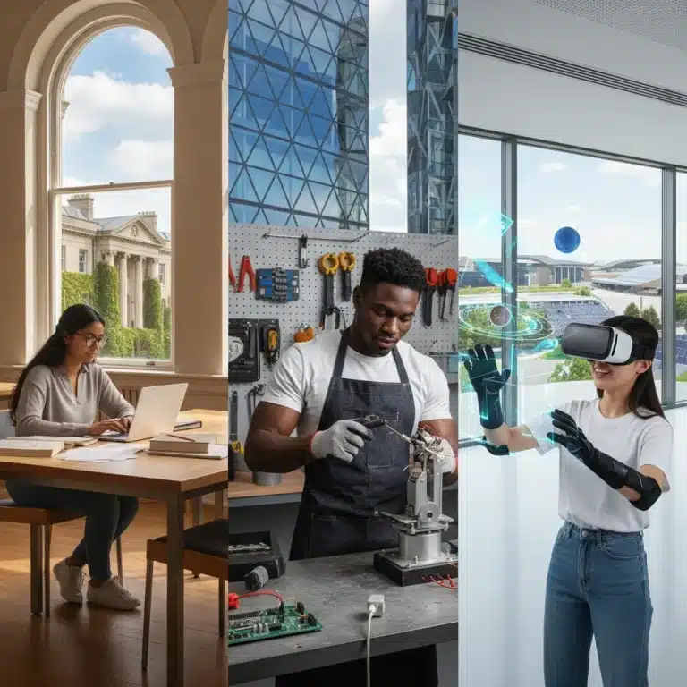 Students exploring diverse higher education options, including online and vocational training