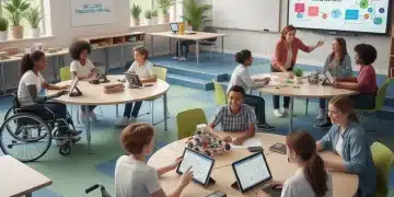 Diverse students and teacher collaborating in an accessible classroom