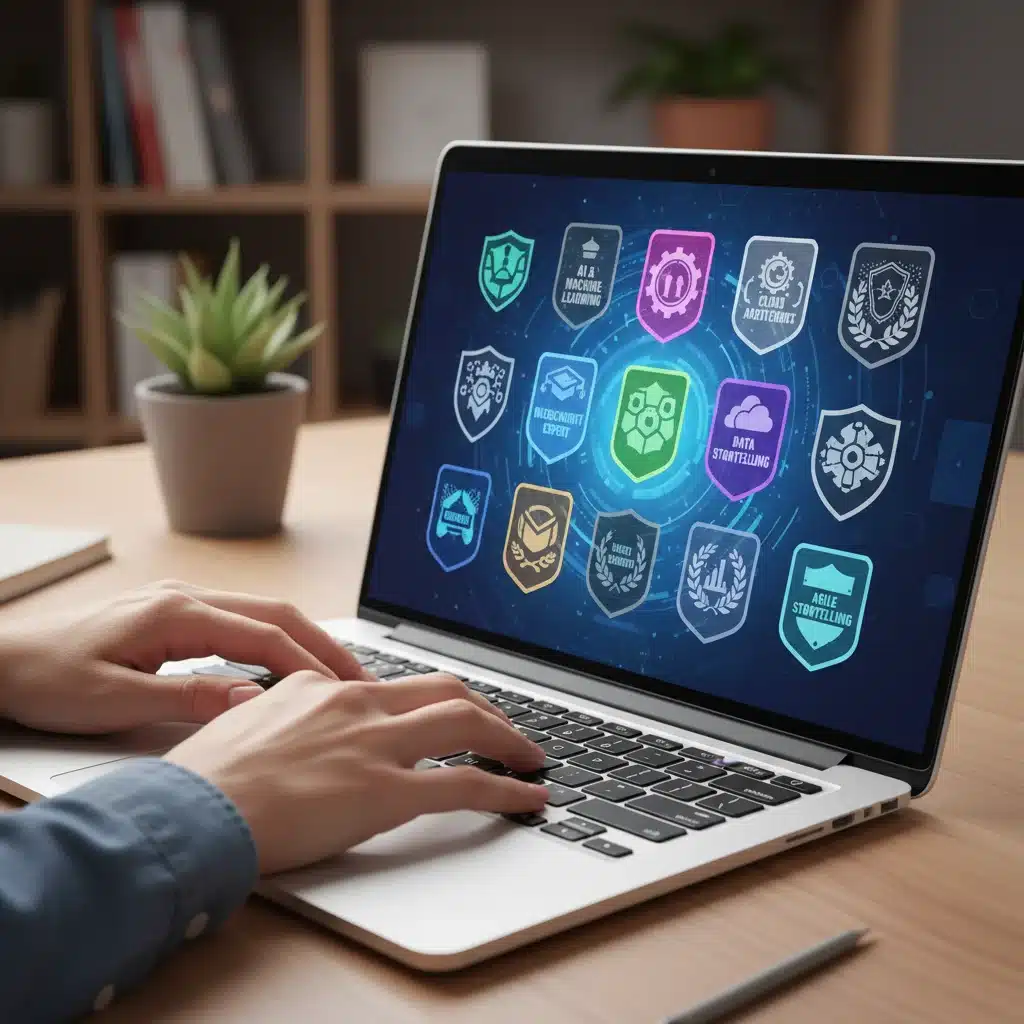 Person earning digital micro-credential badges on a laptop