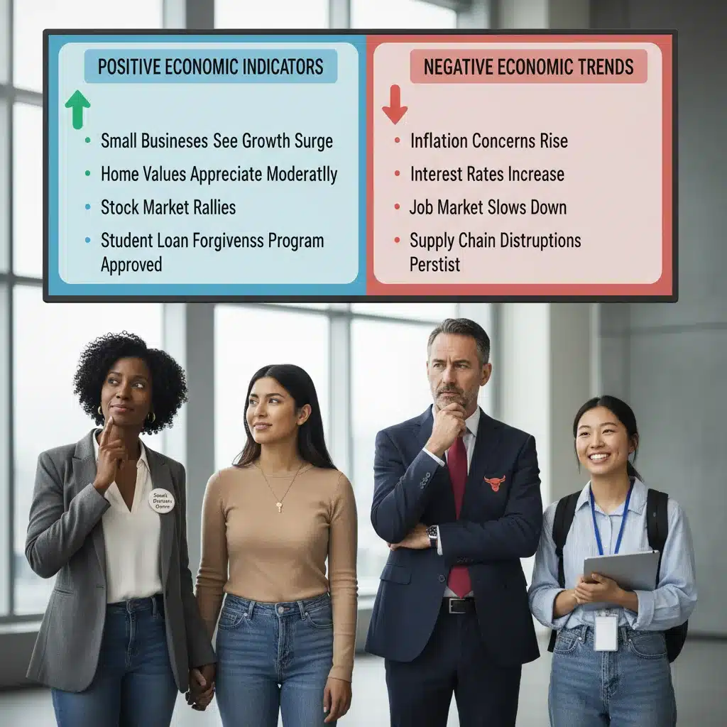 Diverse individuals reacting to economic news, symbolizing the widespread effects of monetary policy on different sectors.