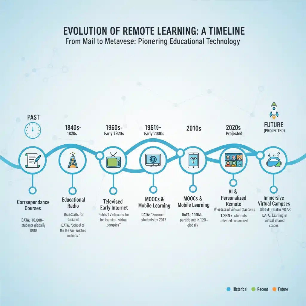 Infographic depicting the evolution of educational technology and remote learning milestones.