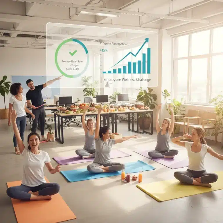 Diverse employees engaged in wellness activities with positive health metrics overlay