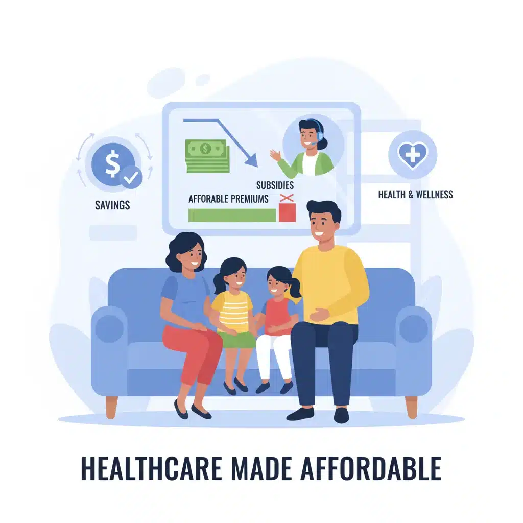 Family discussing affordable health insurance plans with subsidies on a tablet.