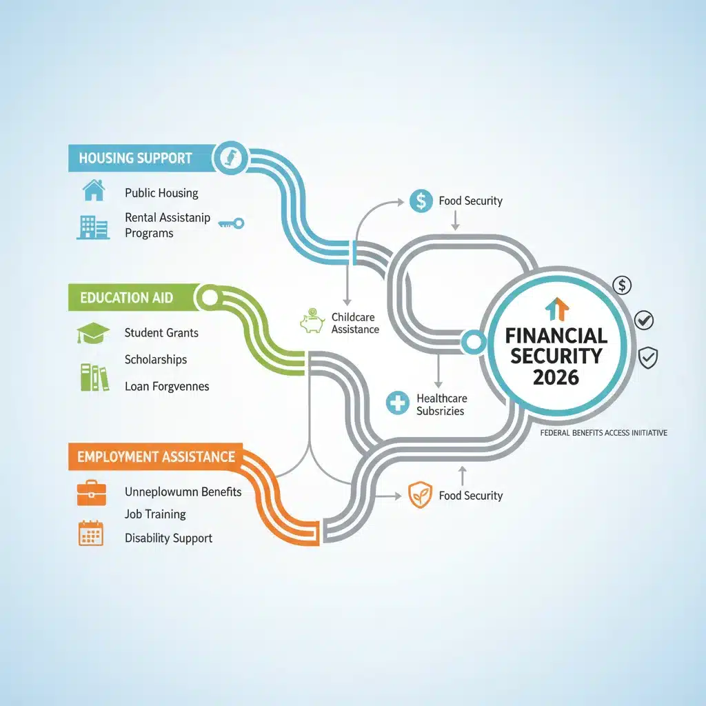 Infographic showing pathways to various federal benefits like housing, education, and unemployment for 2026.