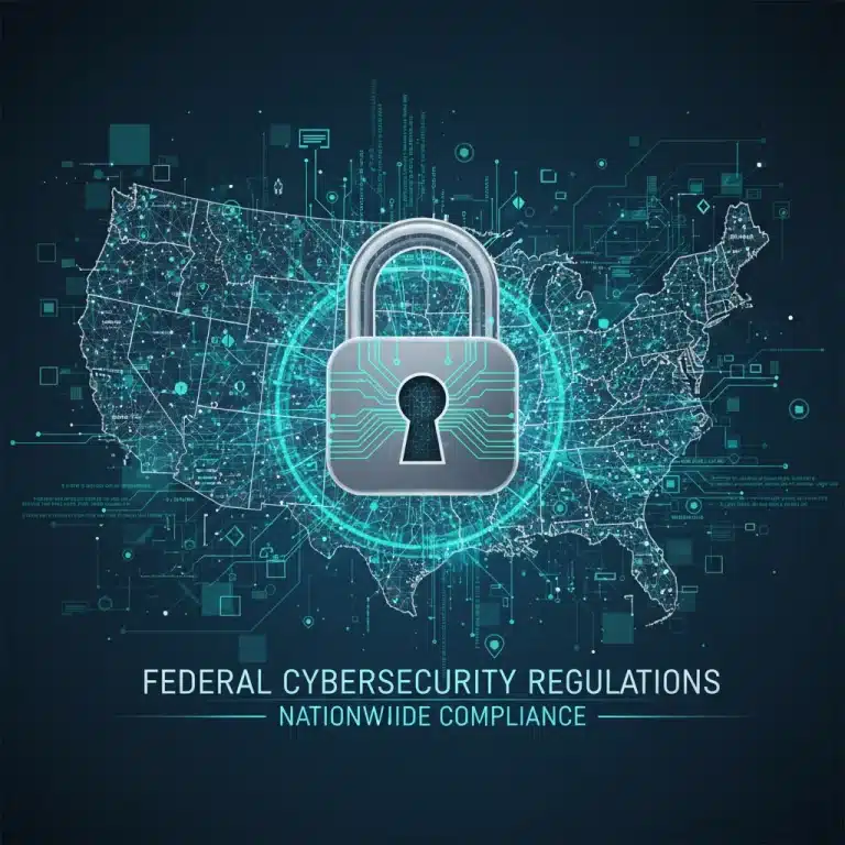 Digital padlock over U.S. map symbolizing federal cybersecurity mandates for businesses
