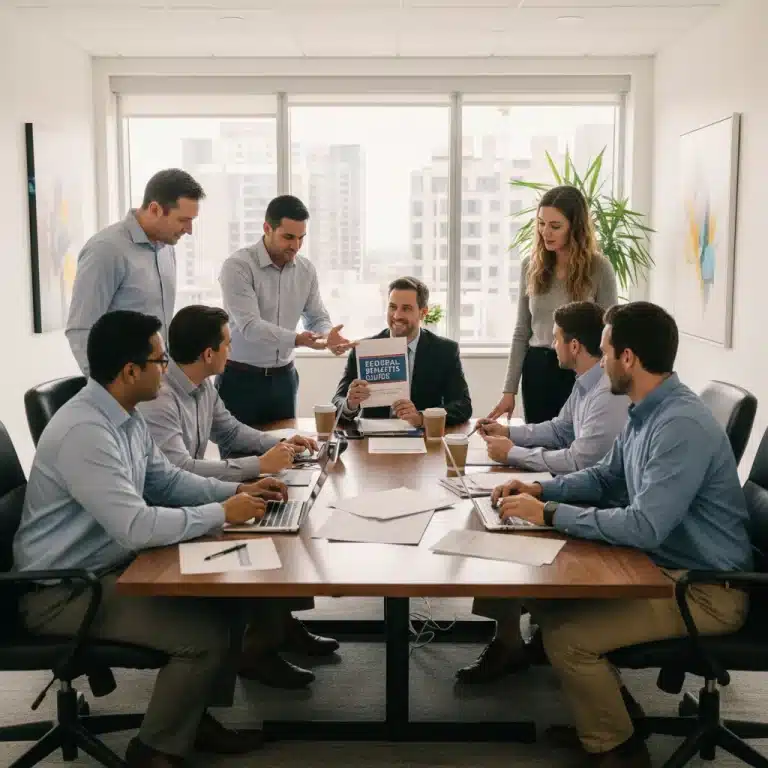 Diverse federal employees discussing benefits options in a modern office