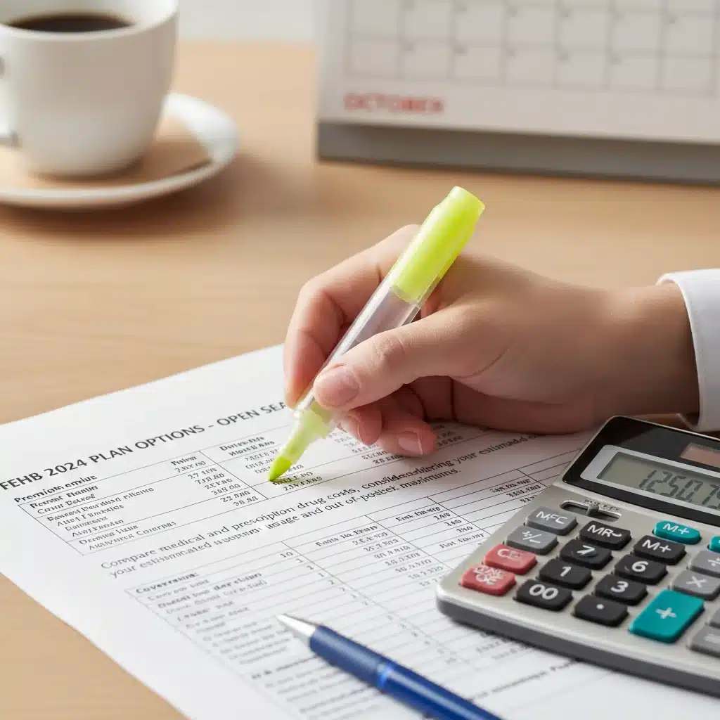 Hand reviewing FEHB plan options with a calculator and pen