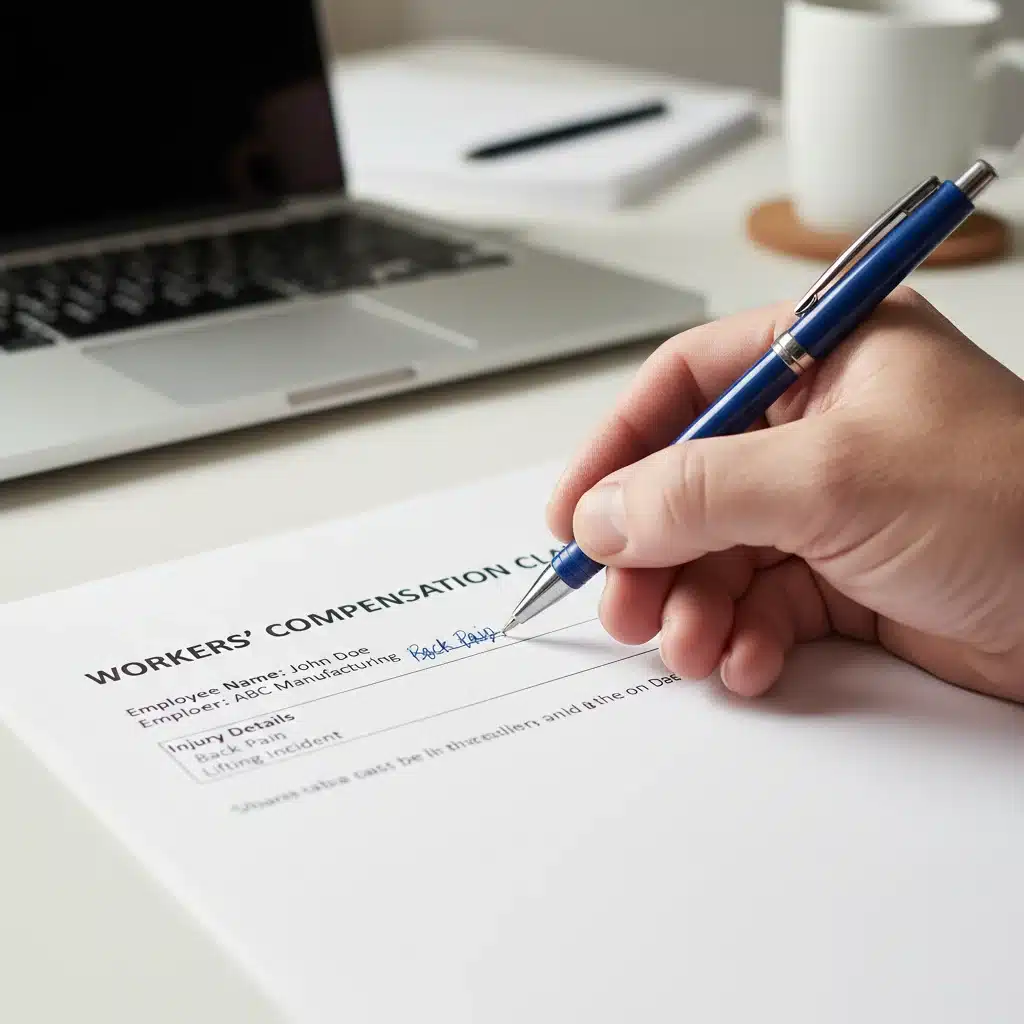 Hand filling out a workers' compensation claim form, emphasizing documentation.