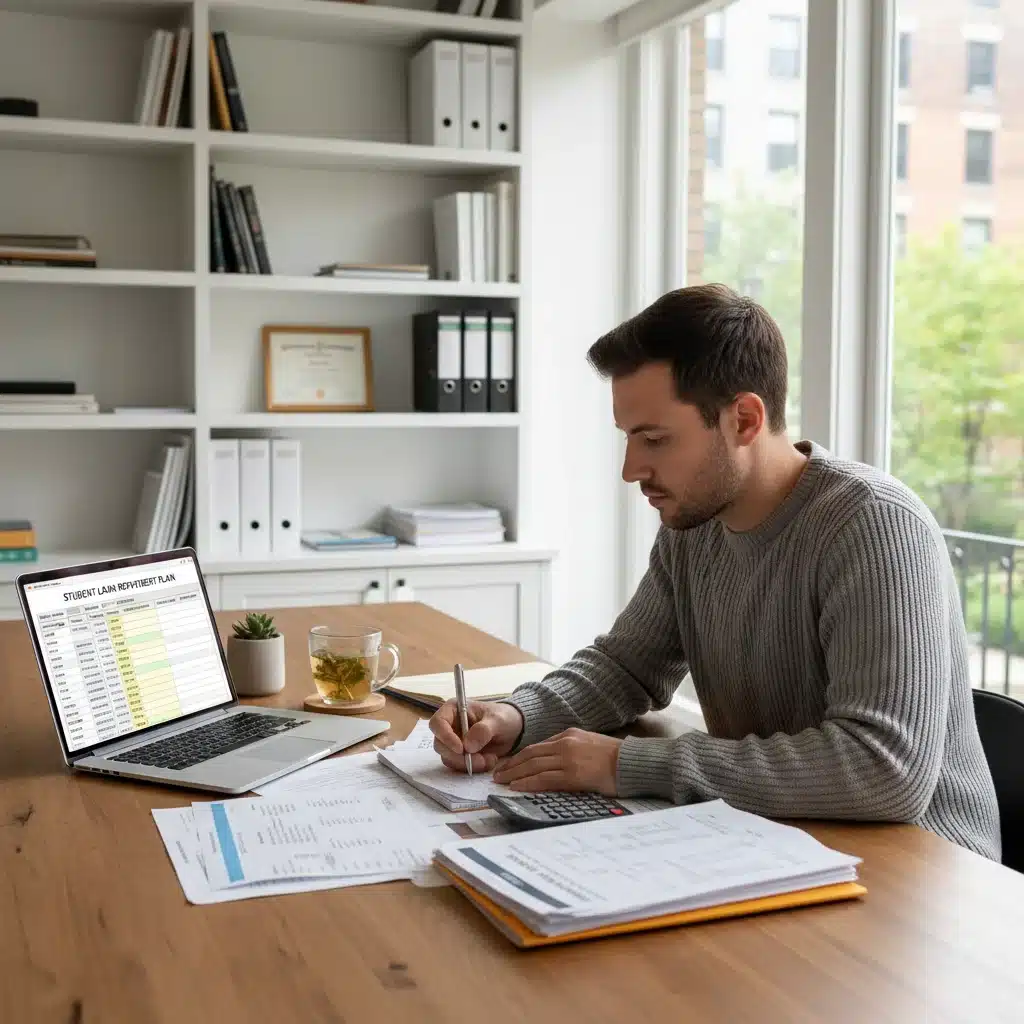 Person reviewing financial documents for student loan refinancing