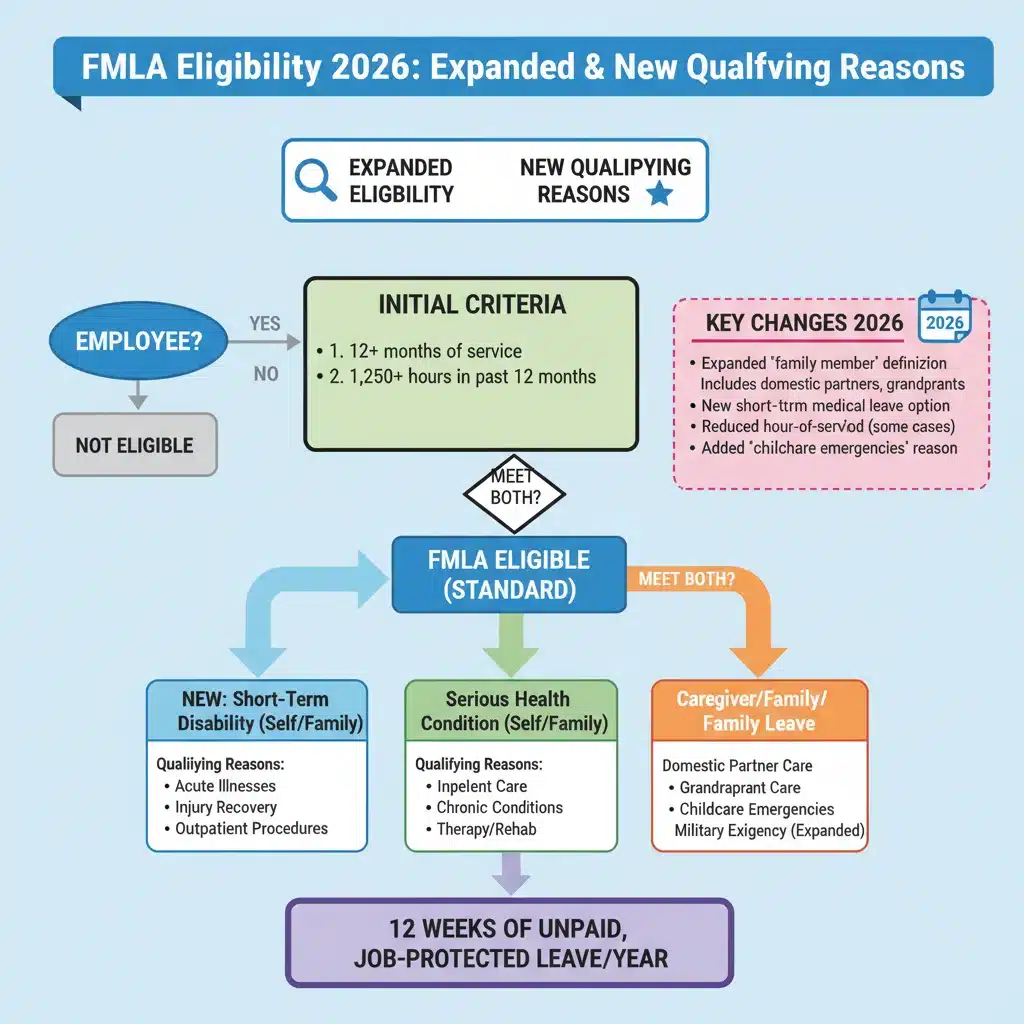 Flowchart of FMLA 2026 eligibility and qualifying reasons