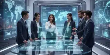 Future-Proofing Your Career: 7 In-Demand Skills for 2026 Job Market Professionals collaborating in a futuristic office, showcasing future-proofing skills and technological integration.