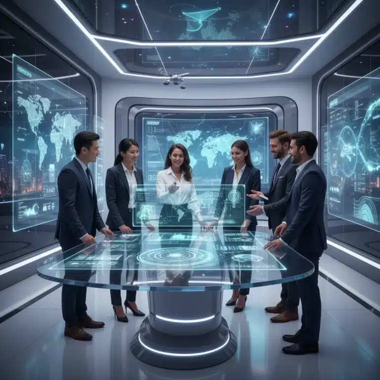 Professionals collaborating in a futuristic office, showcasing future-proofing skills and technological integration.