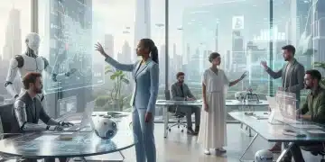 The Future of Work in the U.S.: AI, Automation, and Job Displacement by 2026 Professionals collaborating with AI and robots in a modern office, symbolizing the future of work