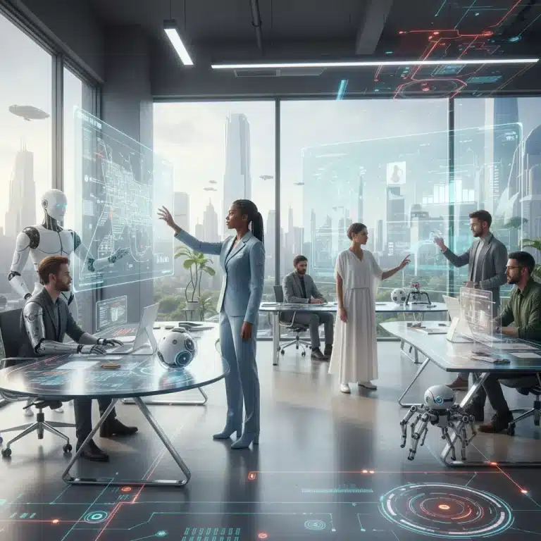 Professionals collaborating with AI and robots in a modern office, symbolizing the future of work