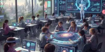 Students actively engaged with modern EdTech tools in a futuristic classroom setting, highlighting collaborative and interactive learning.