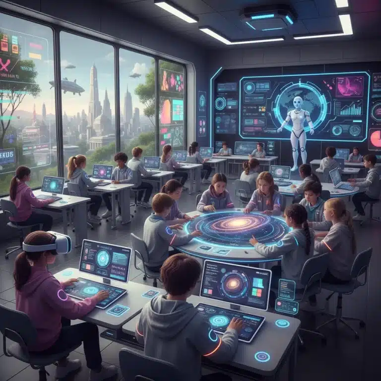 Students actively engaged with modern EdTech tools in a futuristic classroom setting, highlighting collaborative and interactive learning.