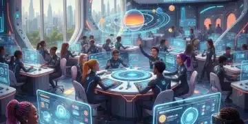 Gamification in Learning: 2026 Trends & Future Environments Futuristic classroom with engaged students using gamified learning technology