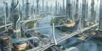 2026 Infrastructure Bill: $500 Billion Reshaping US Industries Futuristic cityscape with new bridges, high-speed rail, and renewable energy, illustrating the impact of the 2026 Infrastructure Bill.