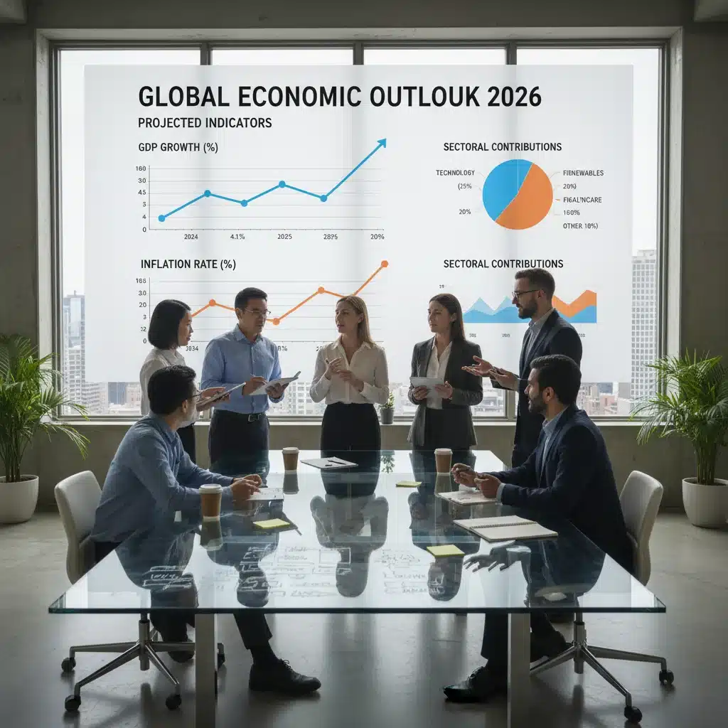 Professionals discussing 2026 global economic indicators in a collaborative office setting.