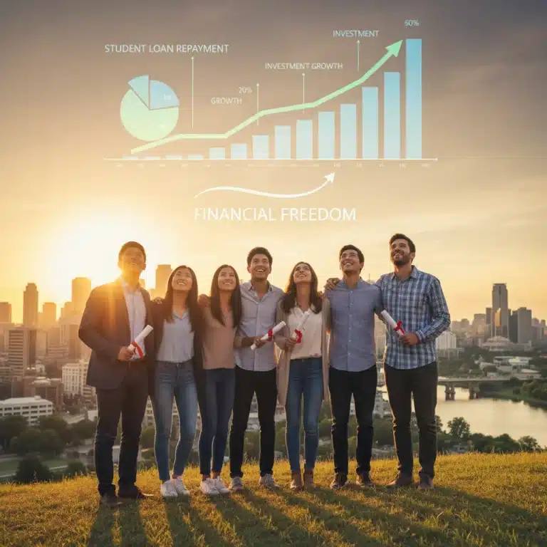 Graduates looking at financial charts, symbolizing student loan refinancing benefits