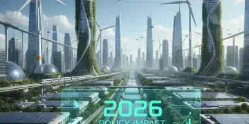 New US Environmental Policy 2026: Industry & Consumer Impact Futuristic green city with wind turbines and solar panels, representing new environmental policy impact in 2026.