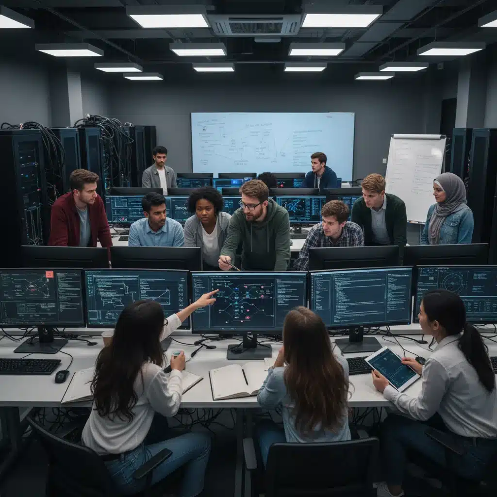 Students and instructors collaborating in a hands-on cybersecurity lab environment.