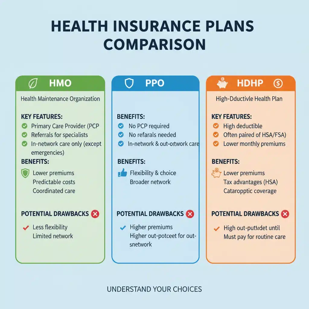 Comparison chart of various health insurance plans including HMO, PPO, and HDHP features.