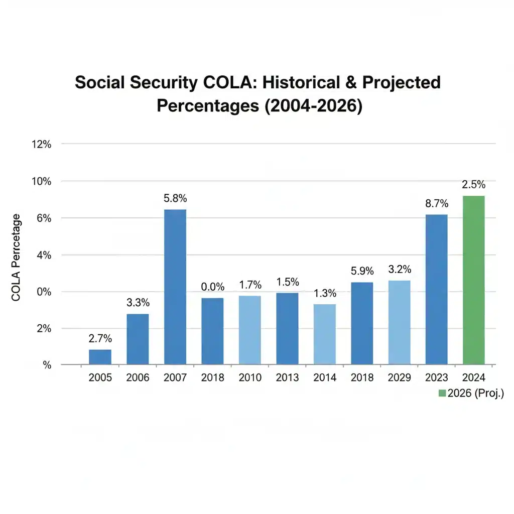 Historical Social Security COLA percentages bar graph