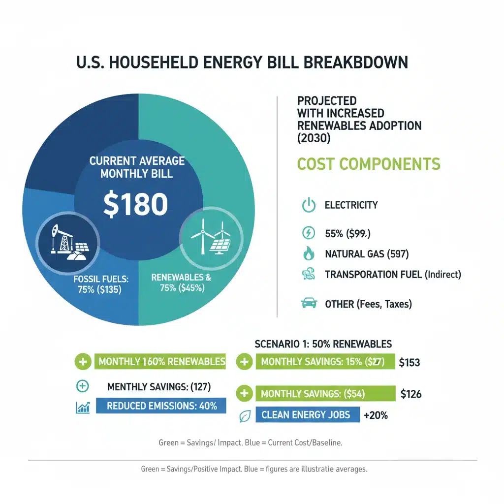 Infographic detailing household energy bill breakdown with fossil fuel costs and renewable energy projections.