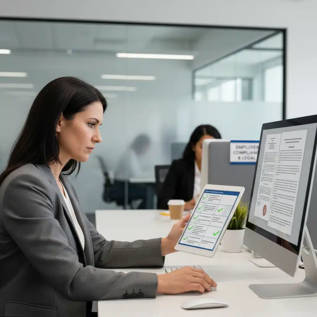 HR professional reviewing FMLA compliance documents for 2026