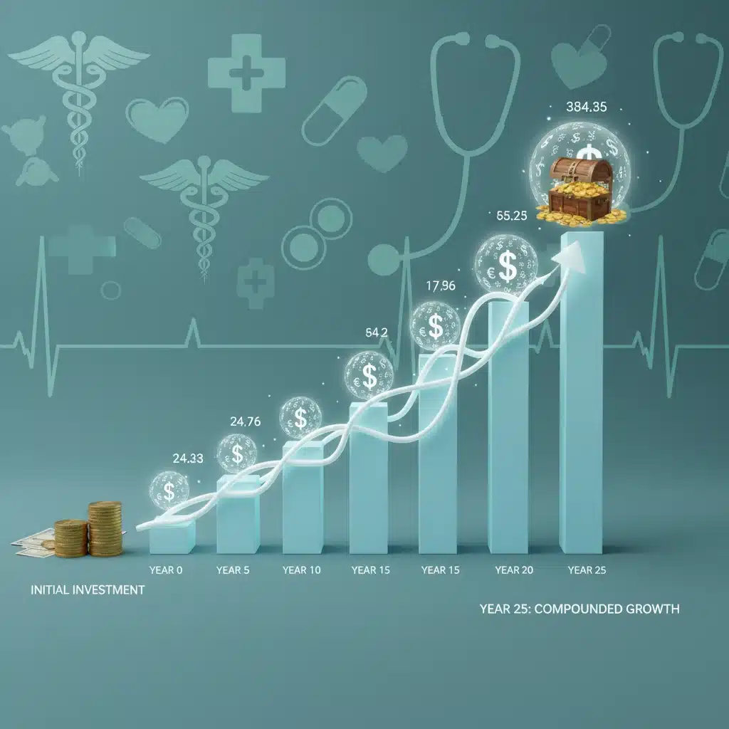 Compounding interest growth in an HSA investment portfolio over time.