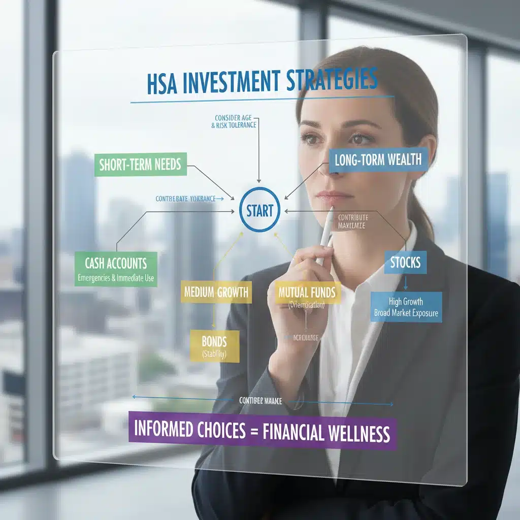 Decision-making process for HSA investment strategies, showing various options.