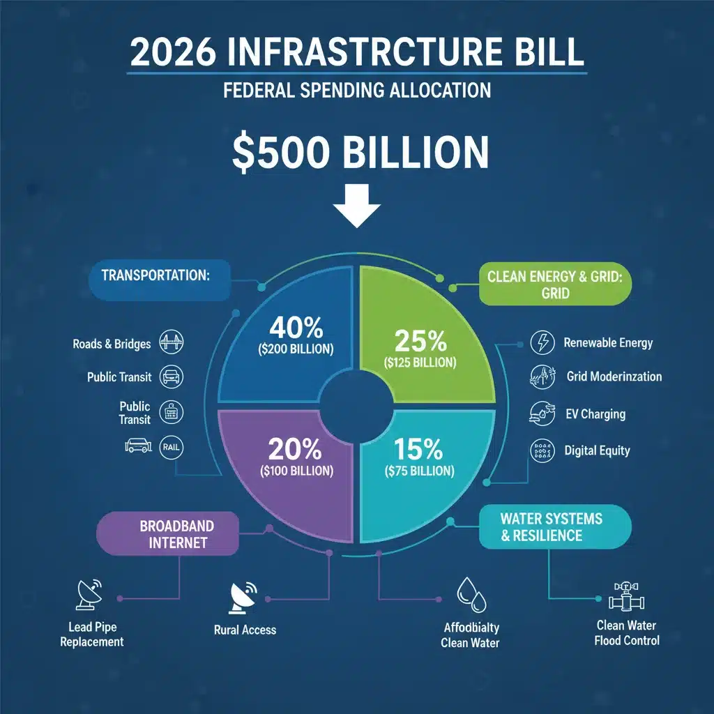 Infographic detailing the 0 billion spending allocation of the 2026 Infrastructure Bill across key sectors.