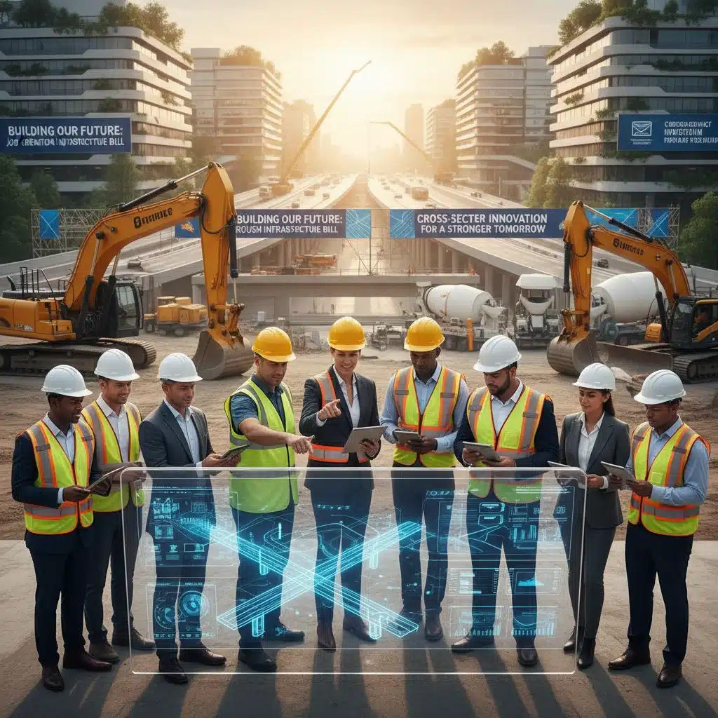 Construction workers, engineers, and tech professionals collaborating on a modern infrastructure project, highlighting job creation.