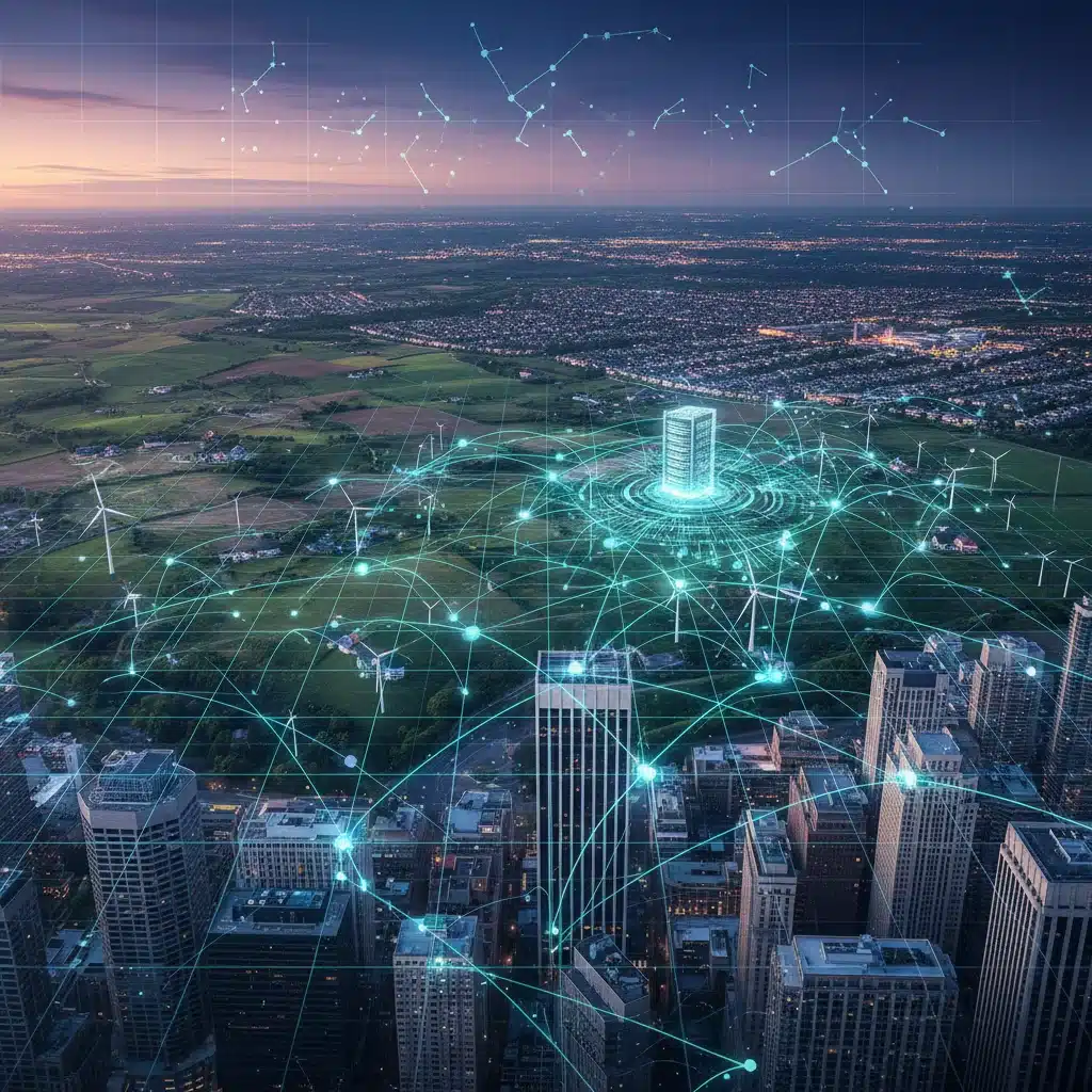Interconnected digital networks spanning urban and rural U.S. landscapes