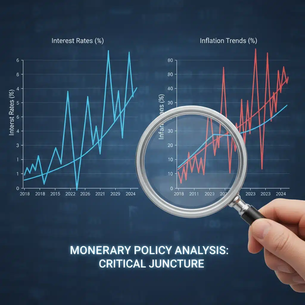 Graphs showing interest rates and inflation trends with a magnifying glass, illustrating economic analysis.