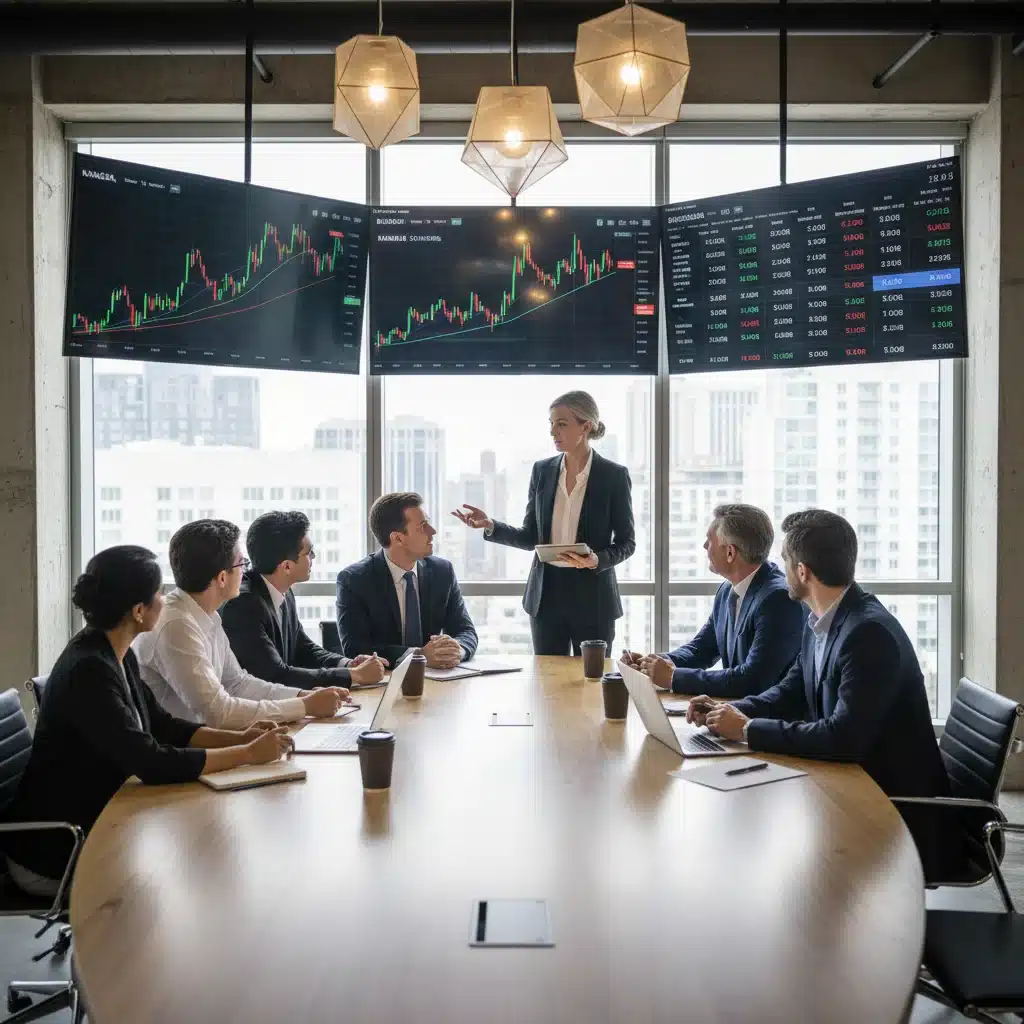 Investors analyzing financial charts and digital asset values with a financial advisor.