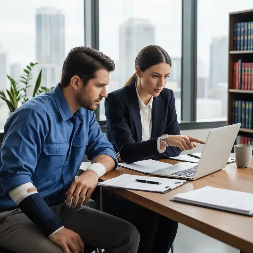 Lawyer consulting with an injured worker about their rights and benefits.